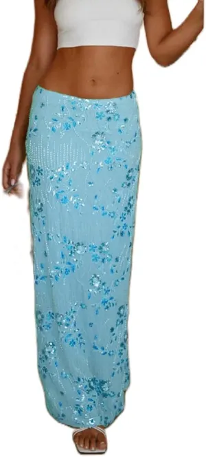 Melliflo Womens Sequin Maxi Skirt Sparkle Rhinestone Floral Embroidery Boho Long Skirts Summer Glitter Going Out Skirt