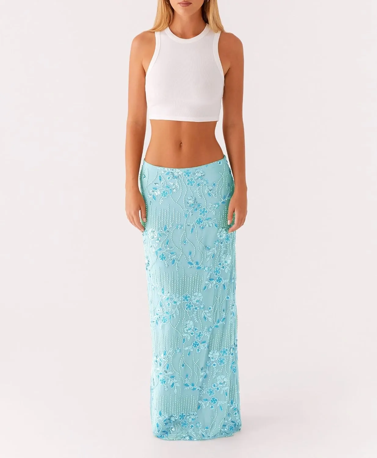 Melliflo Womens Sequin Maxi Skirt Sparkle Rhinestone Floral Embroidery Boho Long Skirts Summer Glitter Going Out Skirt