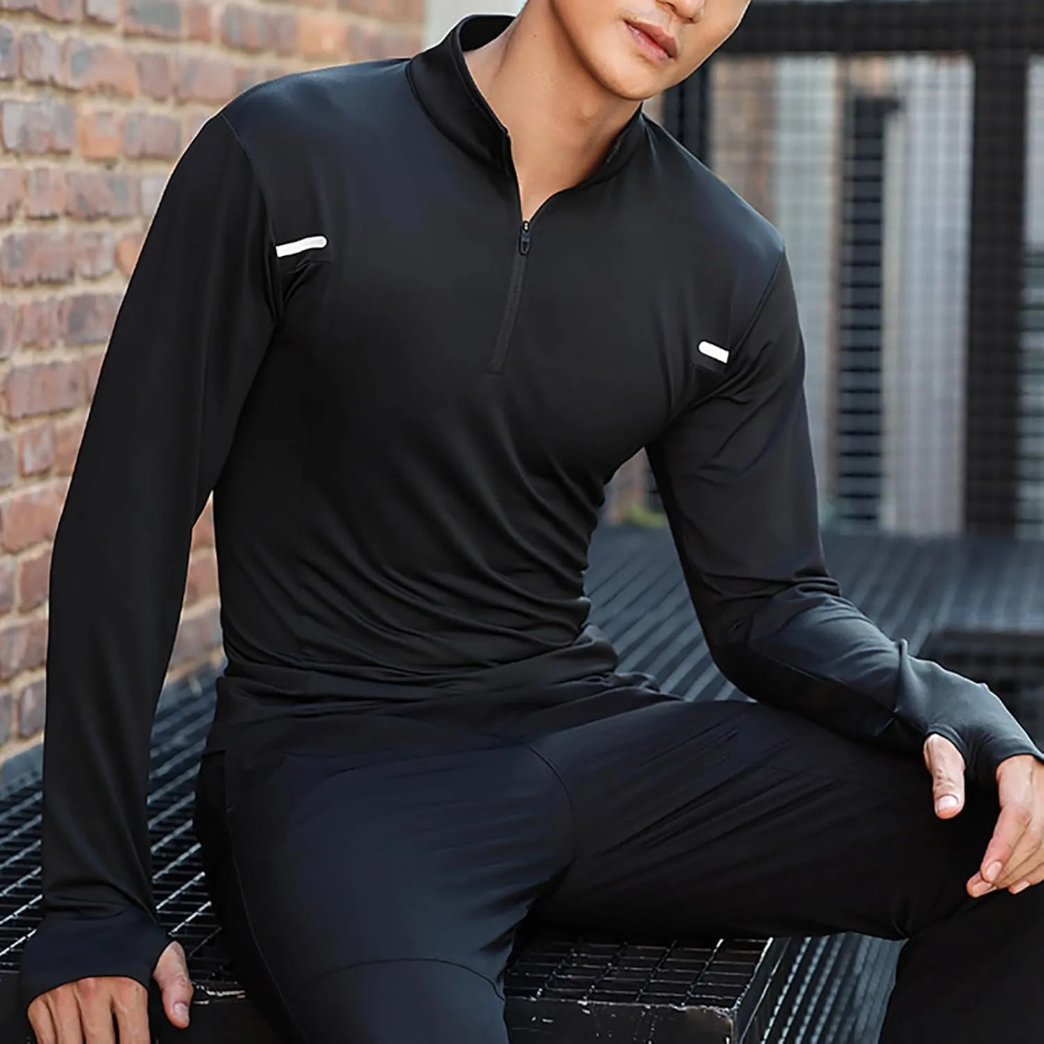 Men 1/4 Zip Long Sleeve Pullover UPF 50  Sun Shirt Quick Dry Running Rash Guard Fishing Shirts with Thumb Holes