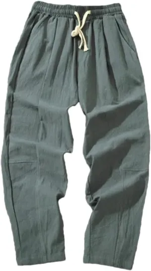 Men Cotton Casual Solid Color Long Pants Breathable Drawstring Straight Harem Trousers