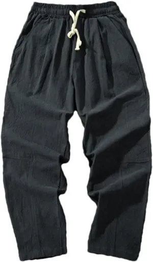 Men Cotton Casual Solid Color Long Pants Breathable Drawstring Straight Harem Trousers