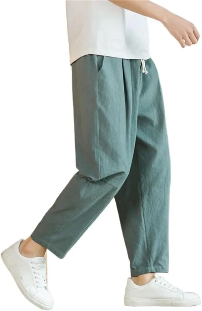Men Cotton Casual Solid Color Long Pants Breathable Drawstring Straight Harem Trousers