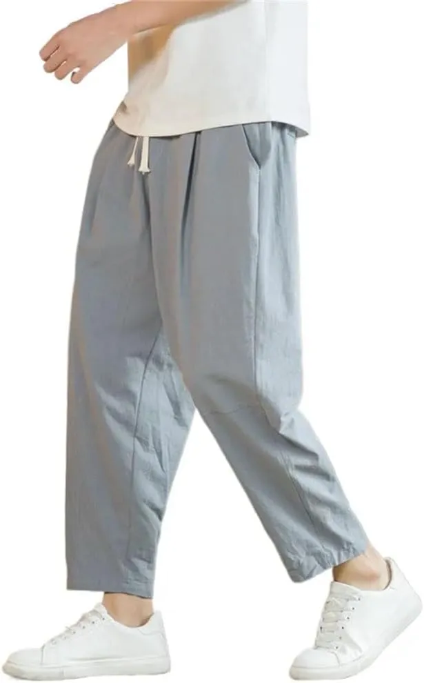 Men Cotton Casual Solid Color Long Pants Breathable Drawstring Straight Harem Trousers