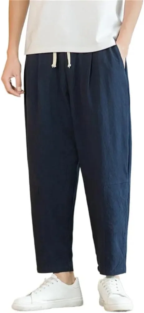 Men Cotton Casual Solid Color Long Pants Breathable Drawstring Straight Harem Trousers