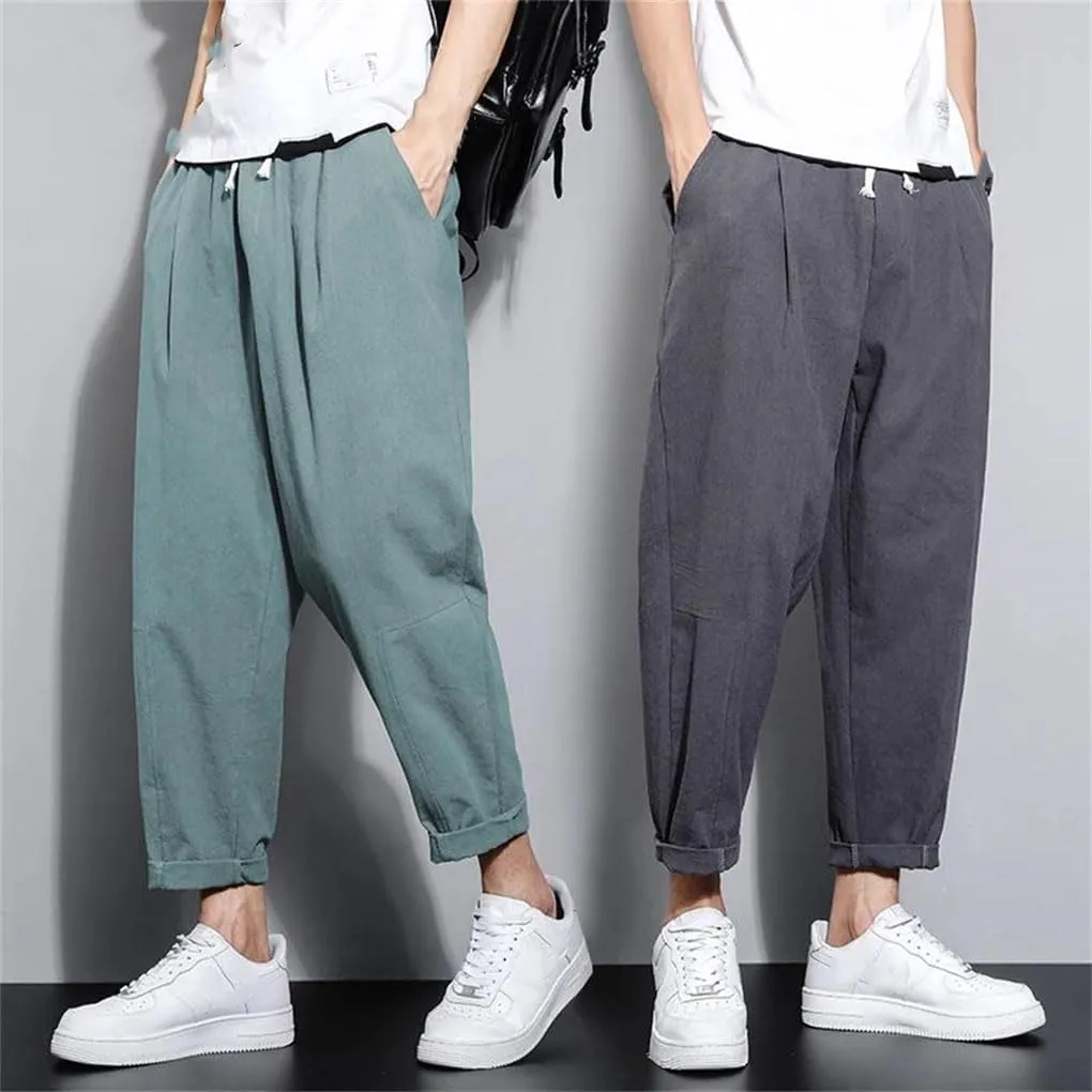 Men Cotton Casual Solid Color Long Pants Breathable Drawstring Straight Harem Trousers