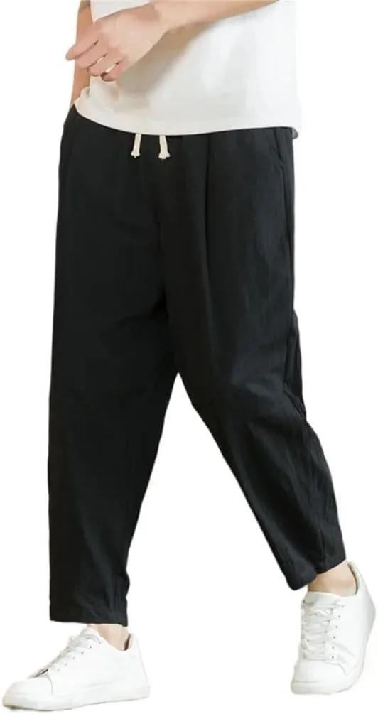Men Cotton Casual Solid Color Long Pants Breathable Drawstring Straight Harem Trousers