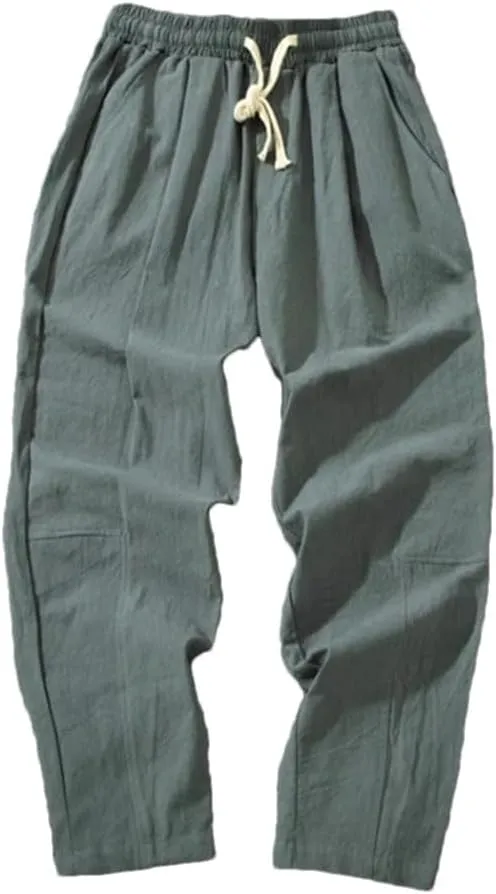 Men Cotton Casual Solid Color Long Pants Breathable Drawstring Straight Harem Trousers