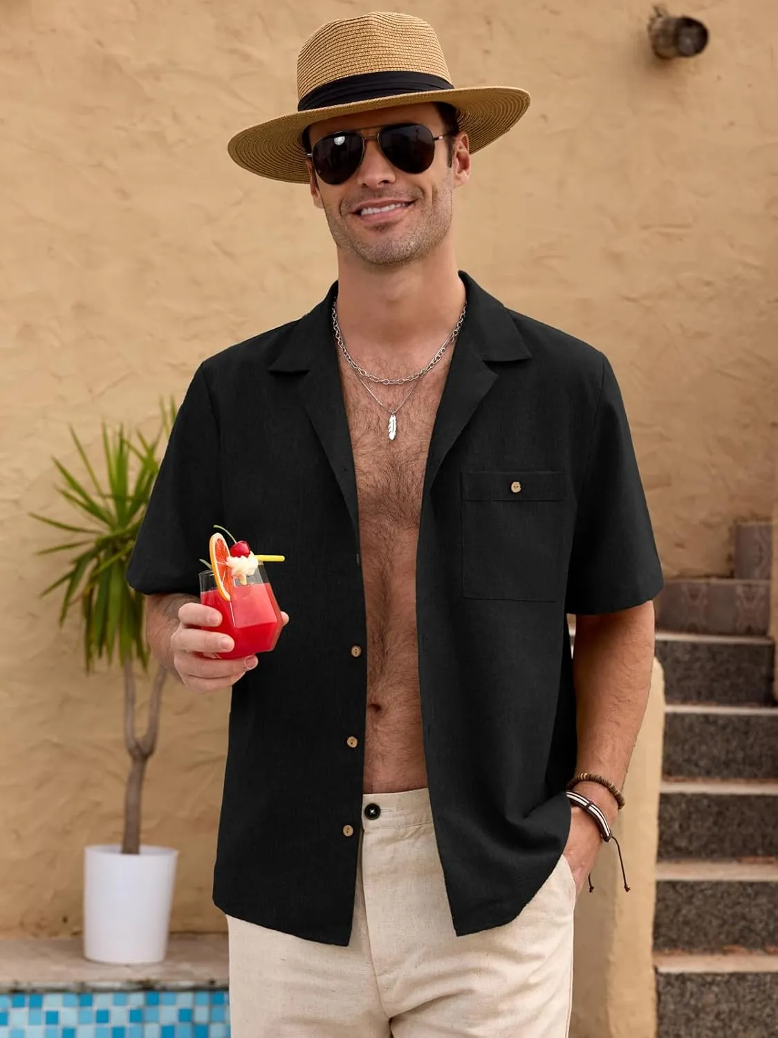 Men Imitation Linen Shirts for Mens Short Button Down Shirt Sleeve Shirt Business Casual with Pocket