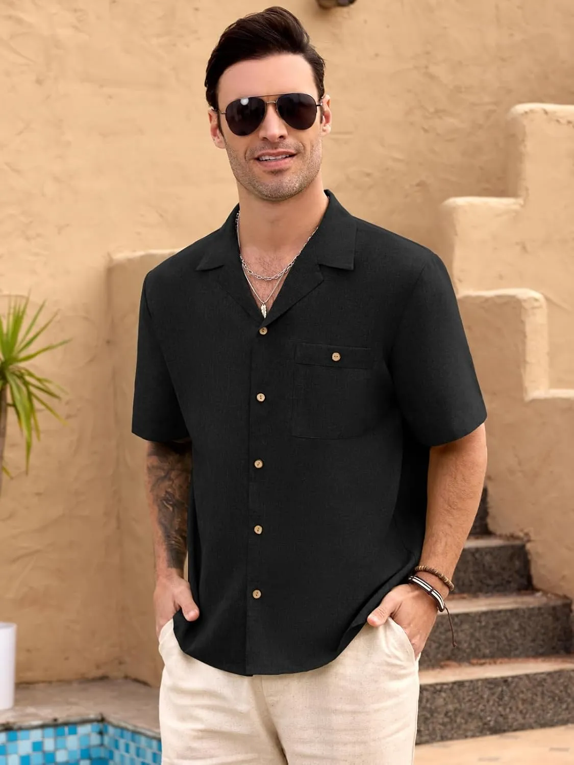 Men Imitation Linen Shirts for Mens Short Button Down Shirt Sleeve Shirt Business Casual with Pocket