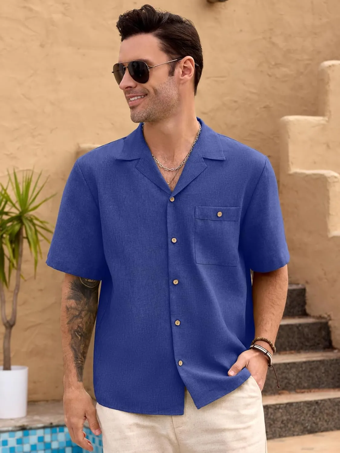 Men Imitation Linen Shirts for Mens Short Button Down Shirt Sleeve Shirt Business Casual with Pocket