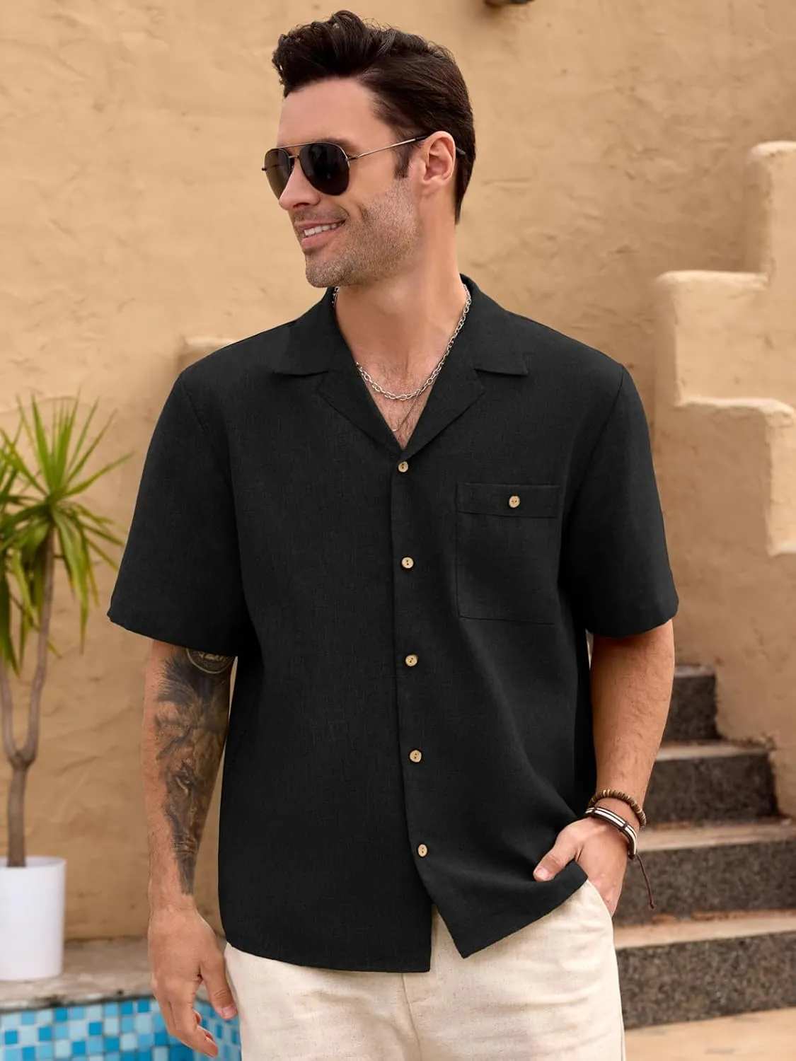 Men Imitation Linen Shirts for Mens Short Button Down Shirt Sleeve Shirt Business Casual with Pocket