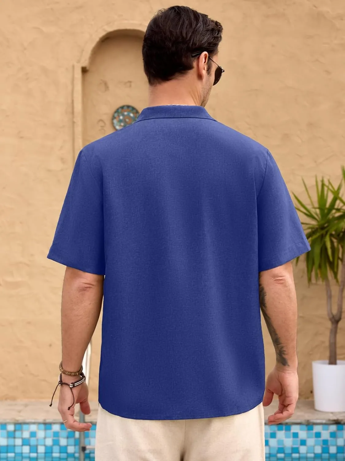Men Imitation Linen Shirts for Mens Short Button Down Shirt Sleeve Shirt Business Casual with Pocket