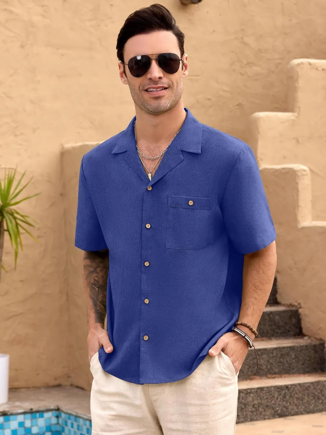 Men Imitation Linen Shirts for Mens Short Button Down Shirt Sleeve Shirt Business Casual with Pocket