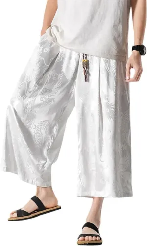 Men Japanese Wide-Leg Pants Ice Silk Dragon Pattern Jacquard Beach Pants Ethnic Style Casual Loose Harem Pants White