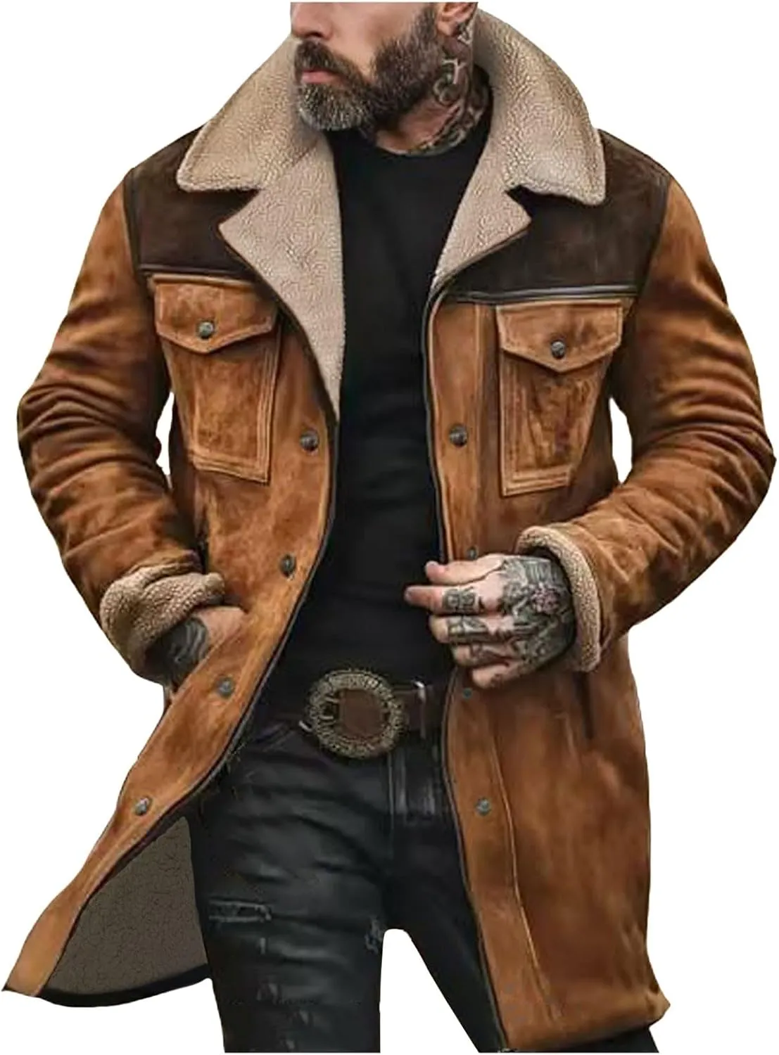 Men Suede Leather Jacket Winter Fur Shearling Duster Coat Retro Faux Leather Fleece Motorcycle Trucker Western Jacket