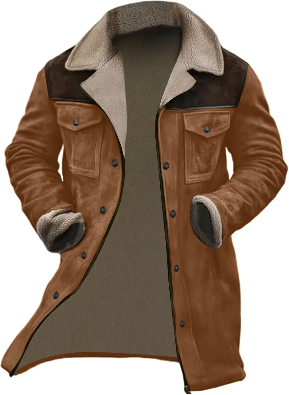 Men Suede Leather Jacket Winter Fur Shearling Duster Coat Retro Faux Leather Fleece Motorcycle Trucker Western Jacket