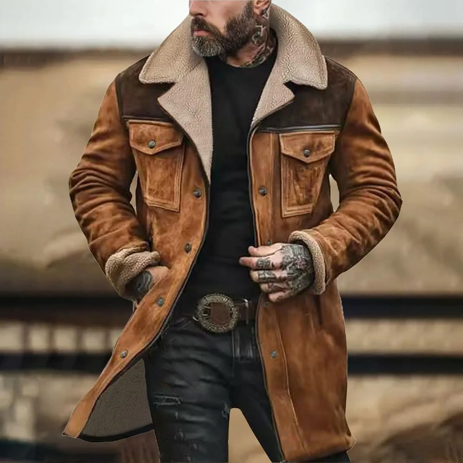 Men Suede Leather Jacket Winter Fur Shearling Duster Coat Retro Faux Leather Fleece Motorcycle Trucker Western Jacket