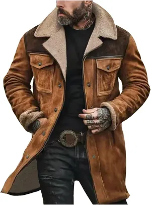 Men Suede Leather Jacket Winter Fur Shearling Duster Coat Retro Faux Leather Fleece Motorcycle Trucker Western Jacket