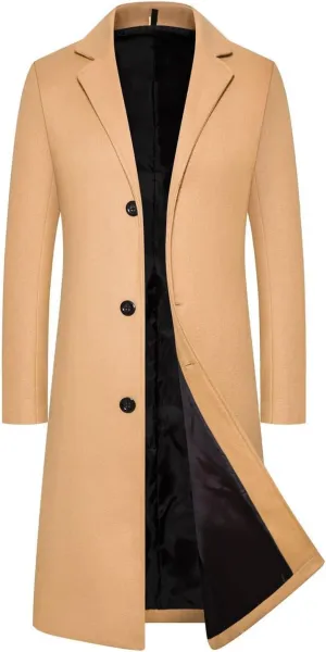Men Winter Trench Jacket Casual Mid-Length Notched Neck Peacoat Loose Windproof Single Breasted Long Sleeve Overcoats