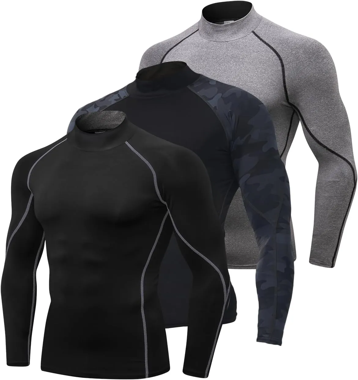 Mens 2 Pack Mock Turtleneck Compression Shirt Long Sleeve Sports Undershirt Athletic Baselayer Running T-Shirt