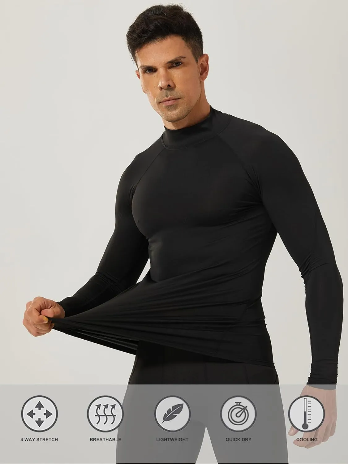 Mens 2 Pack Mock Turtleneck Compression Shirt Long Sleeve Sports Undershirt Athletic Baselayer Running T-Shirt