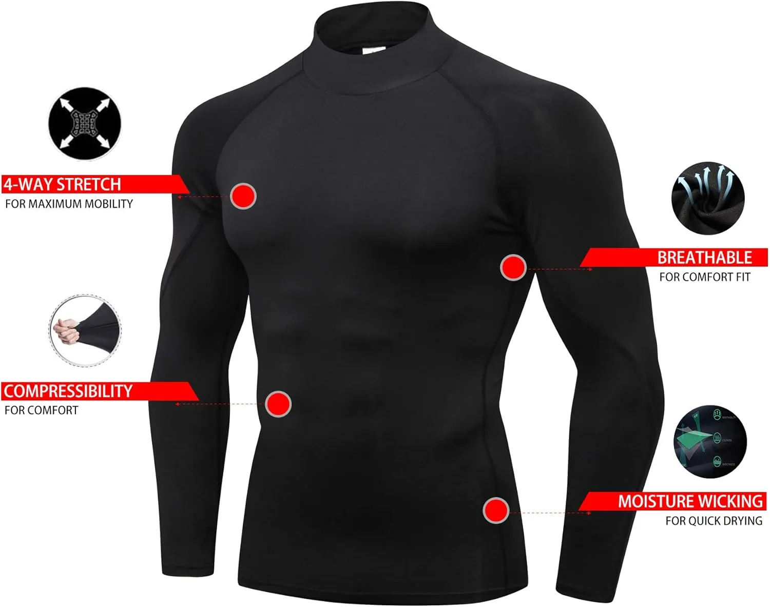Mens 2 Pack Mock Turtleneck Compression Shirt Long Sleeve Sports Undershirt Athletic Baselayer Running T-Shirt