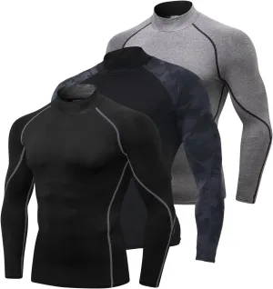 Mens 2 Pack Mock Turtleneck Compression Shirt Long Sleeve Sports Undershirt Athletic Baselayer Running T-Shirt
