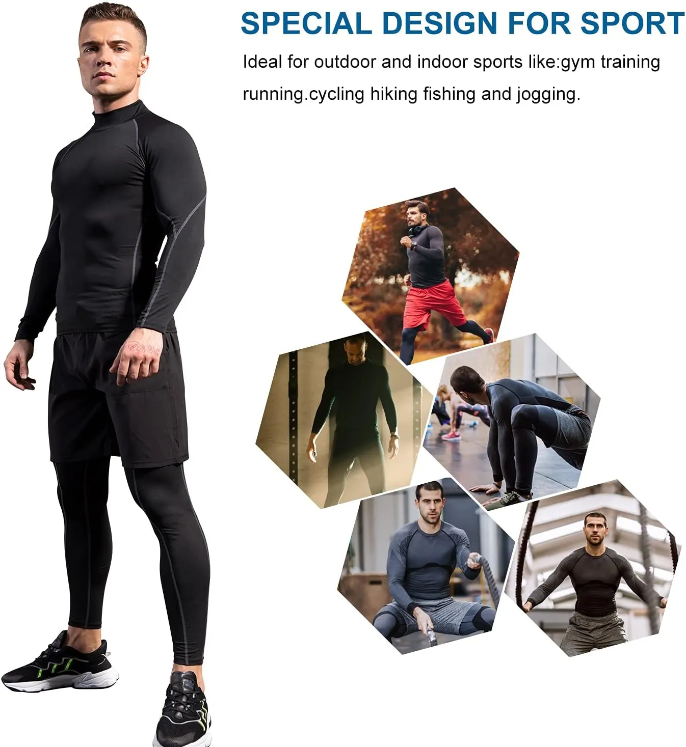 Mens 2 Pack Mock Turtleneck Compression Shirt Long Sleeve Sports Undershirt Athletic Baselayer Running T-Shirt