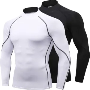 Mens 2 Pack Mock Turtleneck Compression Shirt Long Sleeve Sports Undershirt Athletic Baselayer Running T-Shirt