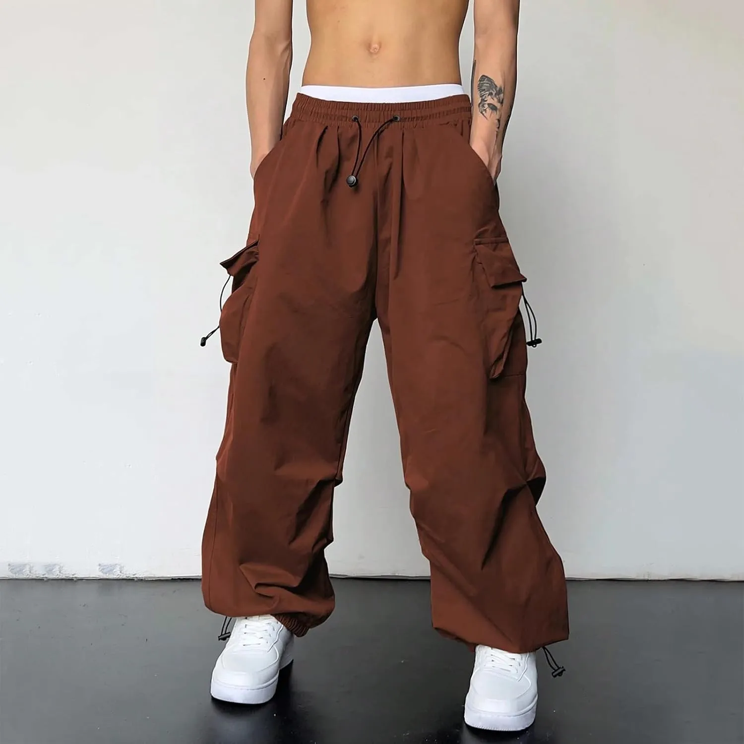 Mens Baggy Cargo Pants Parachute Pants Causal Loose Fit Joggers Trendy Harem Pants Hip Hop Streetwear with Pockets