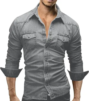 Mens Button Down Denim Shirt Fashion Slim Fit Jean Shirts Lapel Washed Shirt Long Sleeve Button Down Jackets