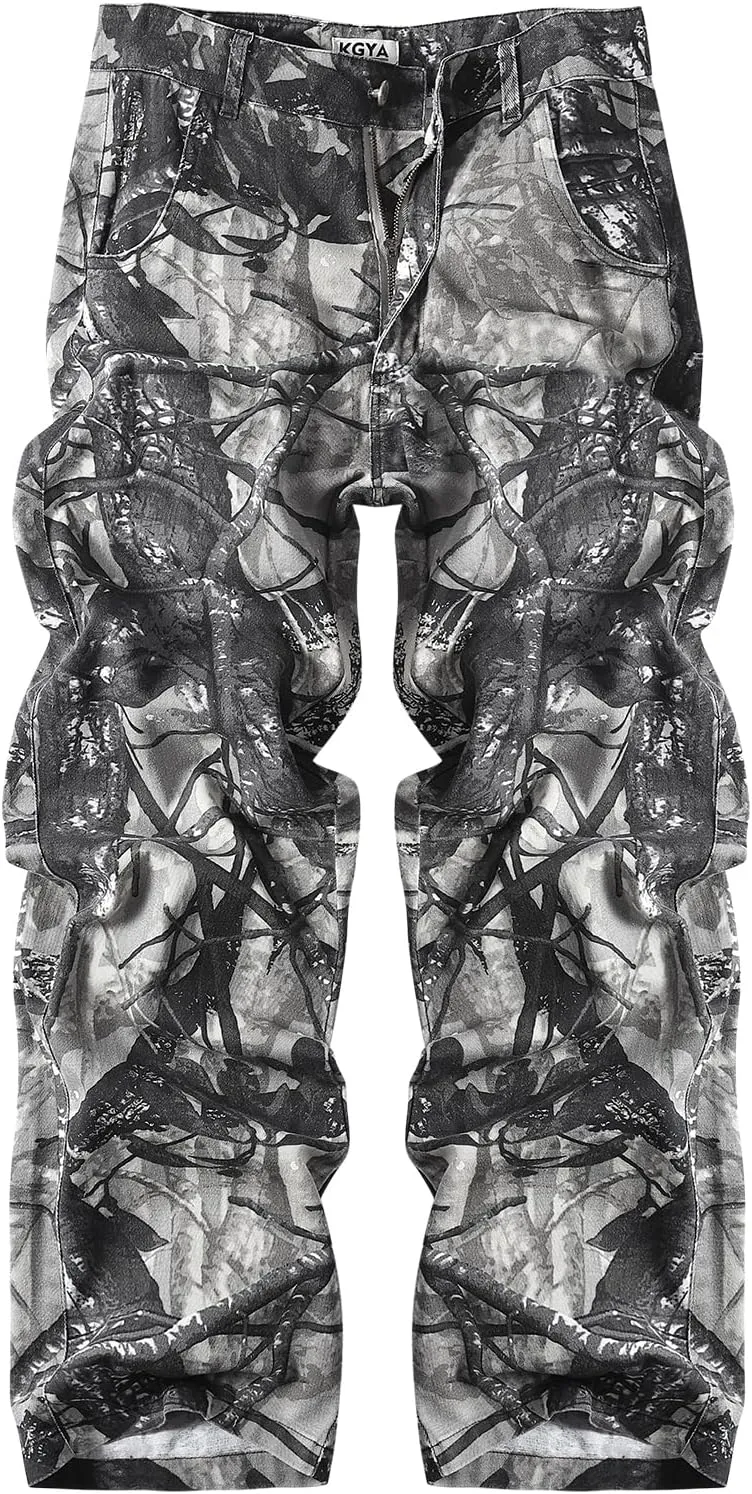 Men's Camo Cargo Pants, Tactical Baggy Straight Wide Legs Denim Work Military Trousers
