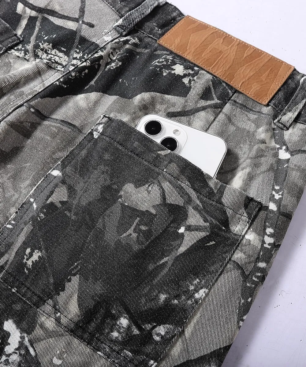 Men's Camo Cargo Pants, Tactical Baggy Straight Wide Legs Denim Work Military Trousers