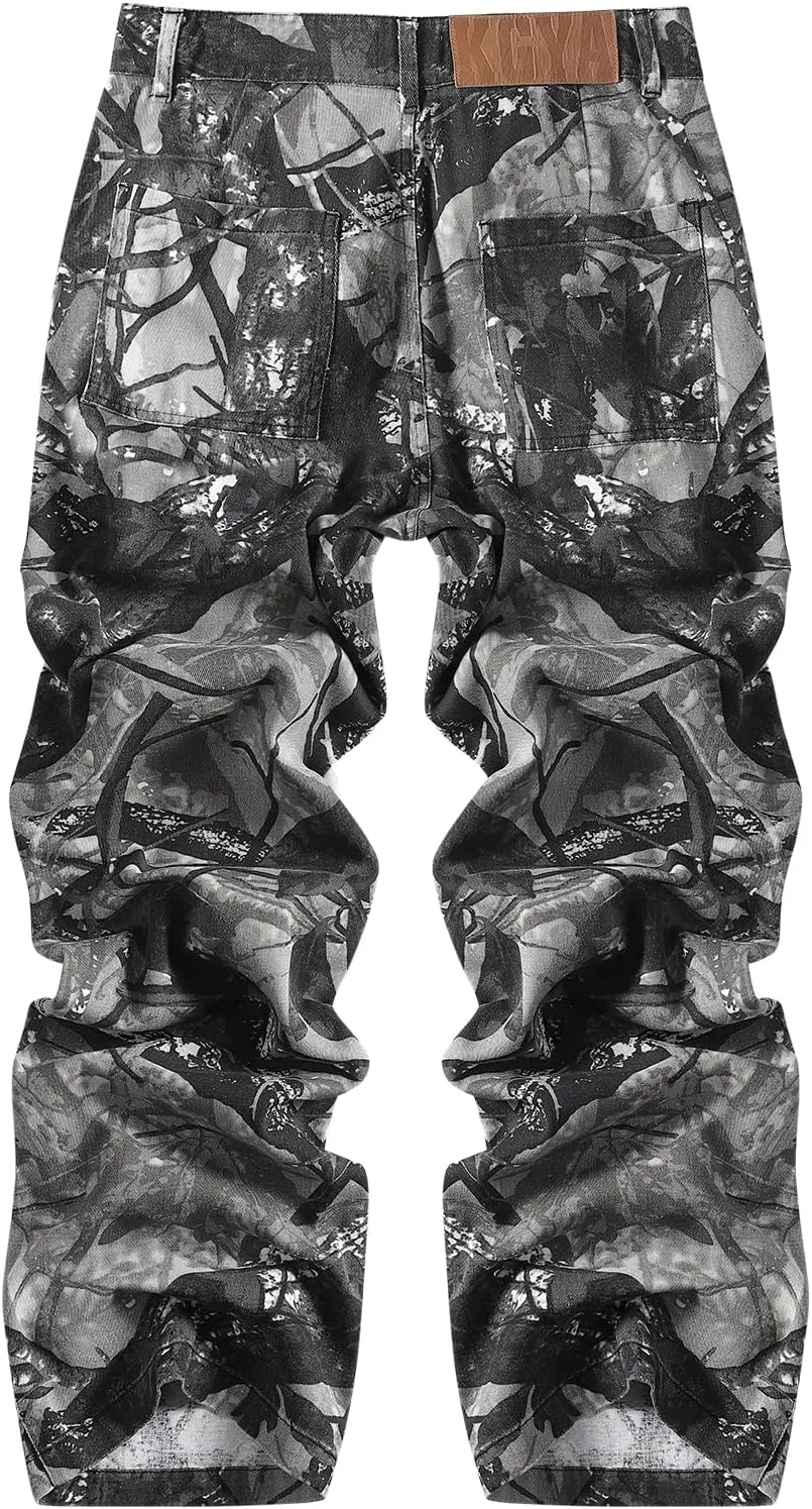 Men's Camo Cargo Pants, Tactical Baggy Straight Wide Legs Denim Work Military Trousers