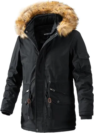 Men's Cargo Jacket 2024 Winter Warm Coats Fleece Lined Jackets with Removable Hood Ski Snow Mountain Windproof Overcoat