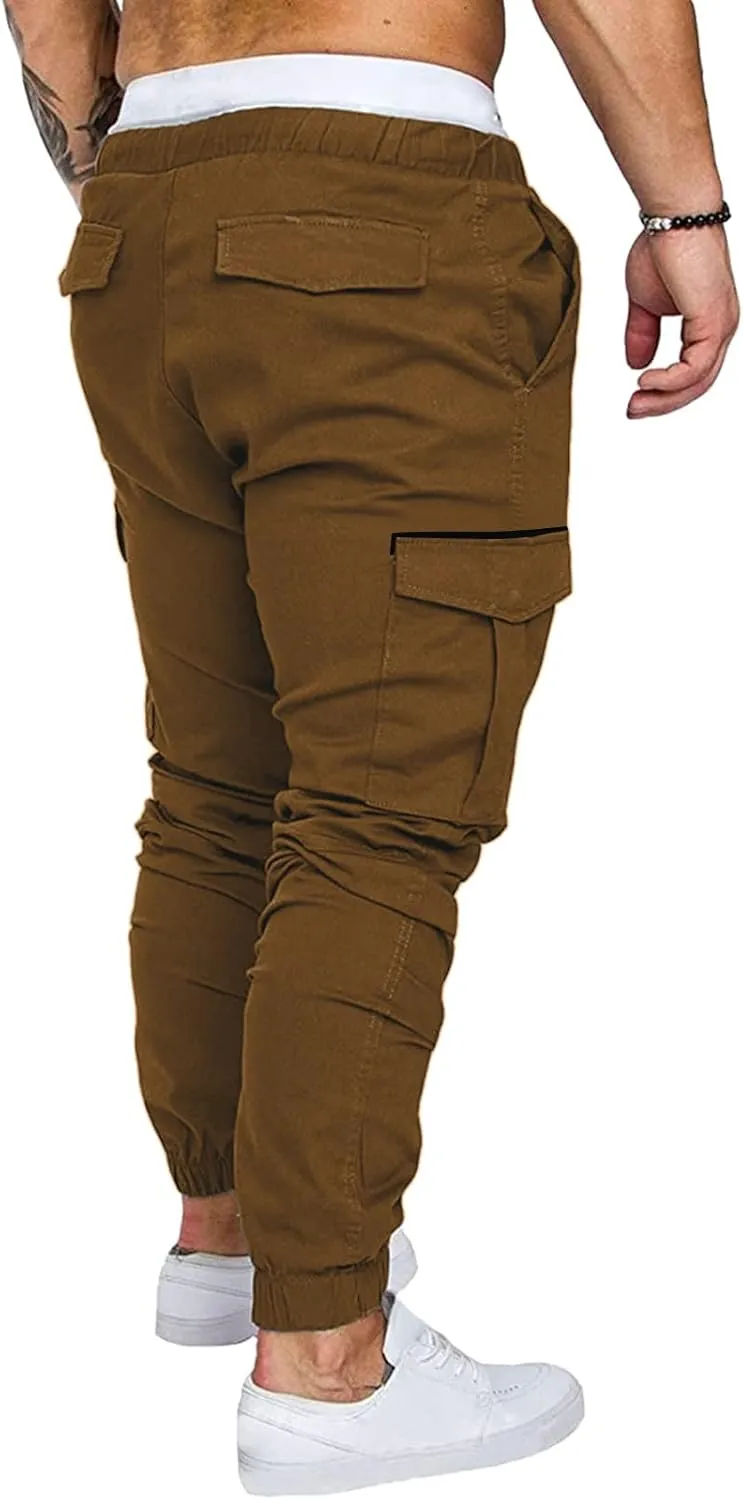 Mens Casual Cotton Cargo Pants Elastic Drawstring Joggers with Pockets Outdoor Sport Trousers Hiking Sweatpants