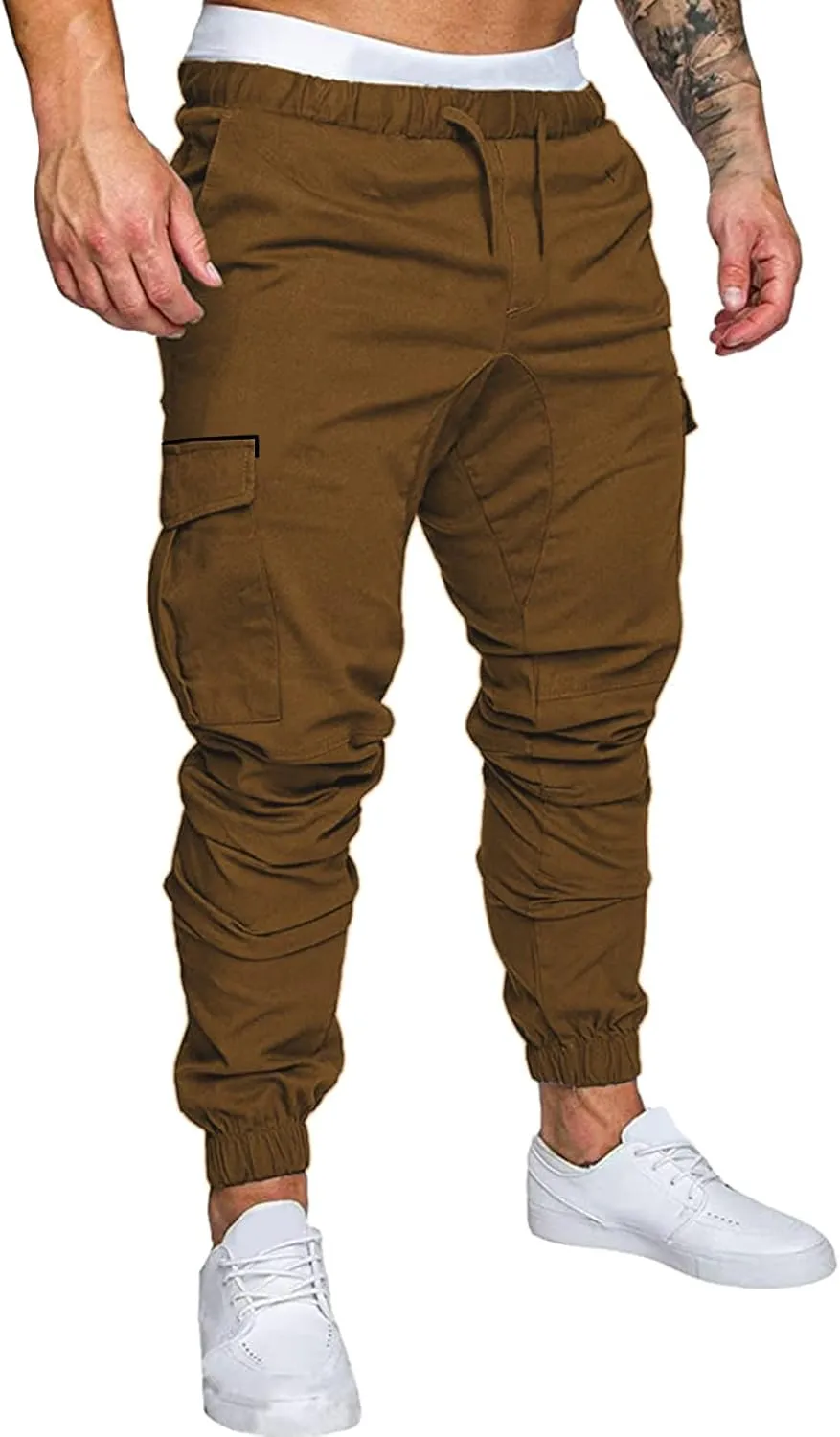 Mens Casual Cotton Cargo Pants Elastic Drawstring Joggers with Pockets Outdoor Sport Trousers Hiking Sweatpants
