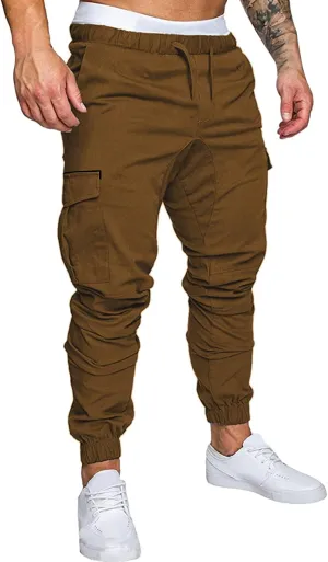 Mens Casual Cotton Cargo Pants Elastic Drawstring Joggers with Pockets Outdoor Sport Trousers Hiking Sweatpants