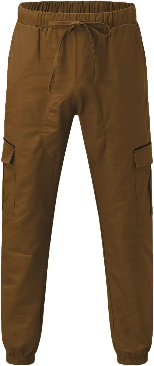 Mens Casual Cotton Cargo Pants Elastic Drawstring Joggers with Pockets Outdoor Sport Trousers Hiking Sweatpants