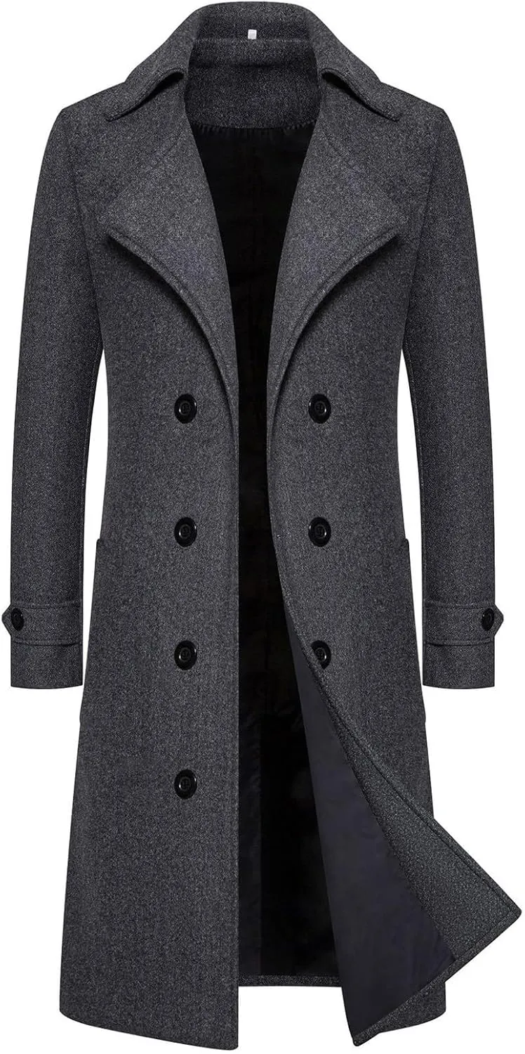 Men's Casual Winter Peacoat Wool Blend Notched Collar Trench Overcoat with Pockets