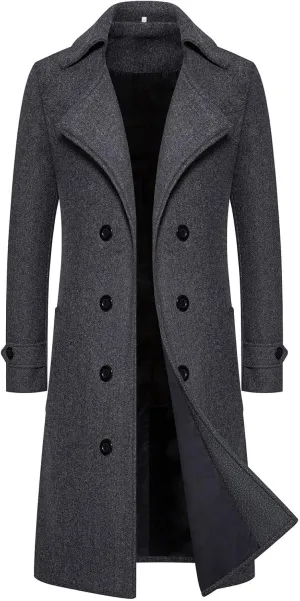 Men's Casual Winter Peacoat Wool Blend Notched Collar Trench Overcoat with Pockets