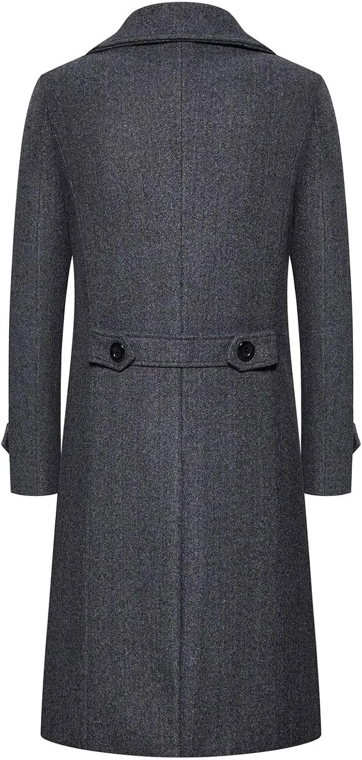 Men's Casual Winter Peacoat Wool Blend Notched Collar Trench Overcoat with Pockets