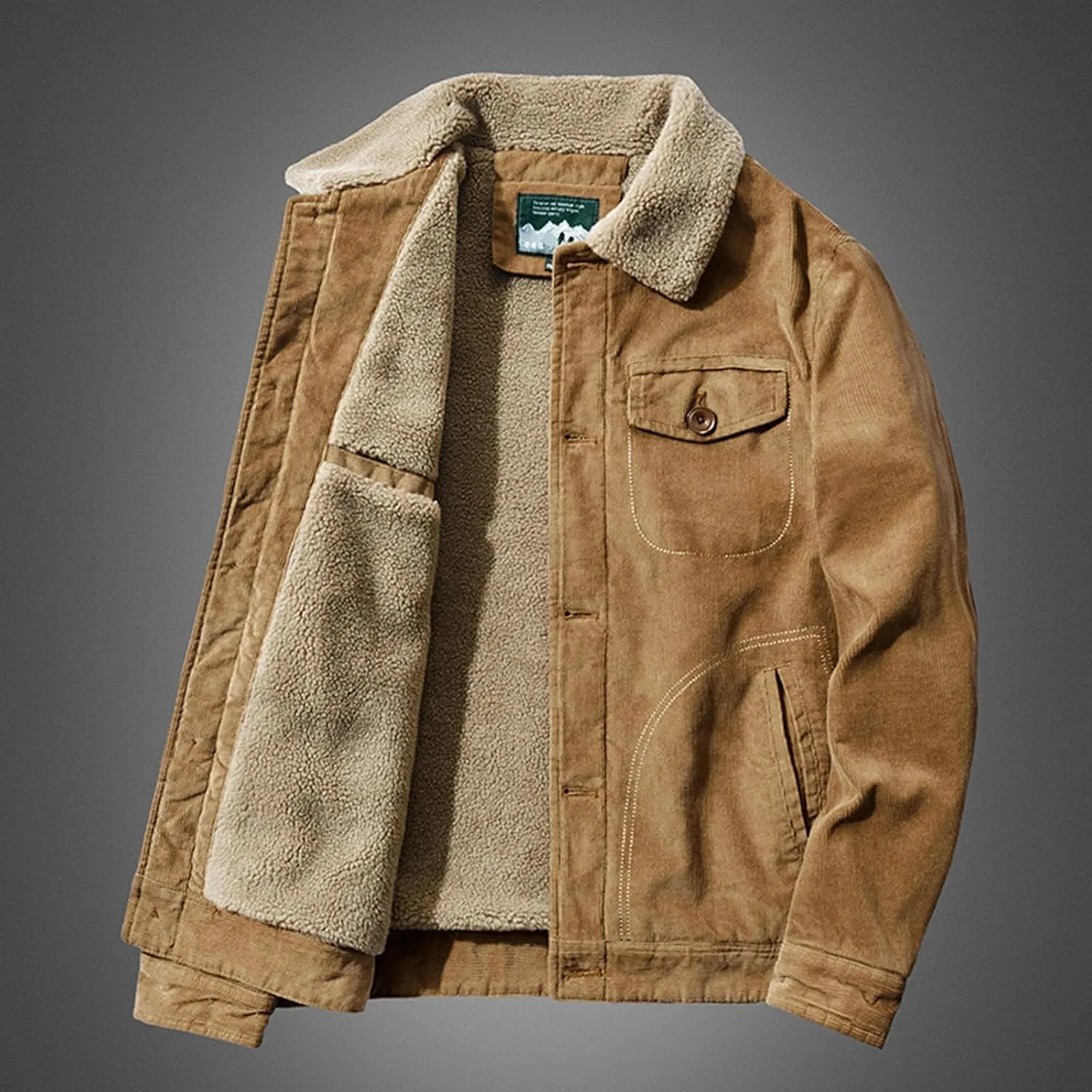 Mens Corduroy Jacket Sherpa Lined Trucker Cotton Lapel Collar Button Down Jackets Warm Winter Casual Work Padded Coat