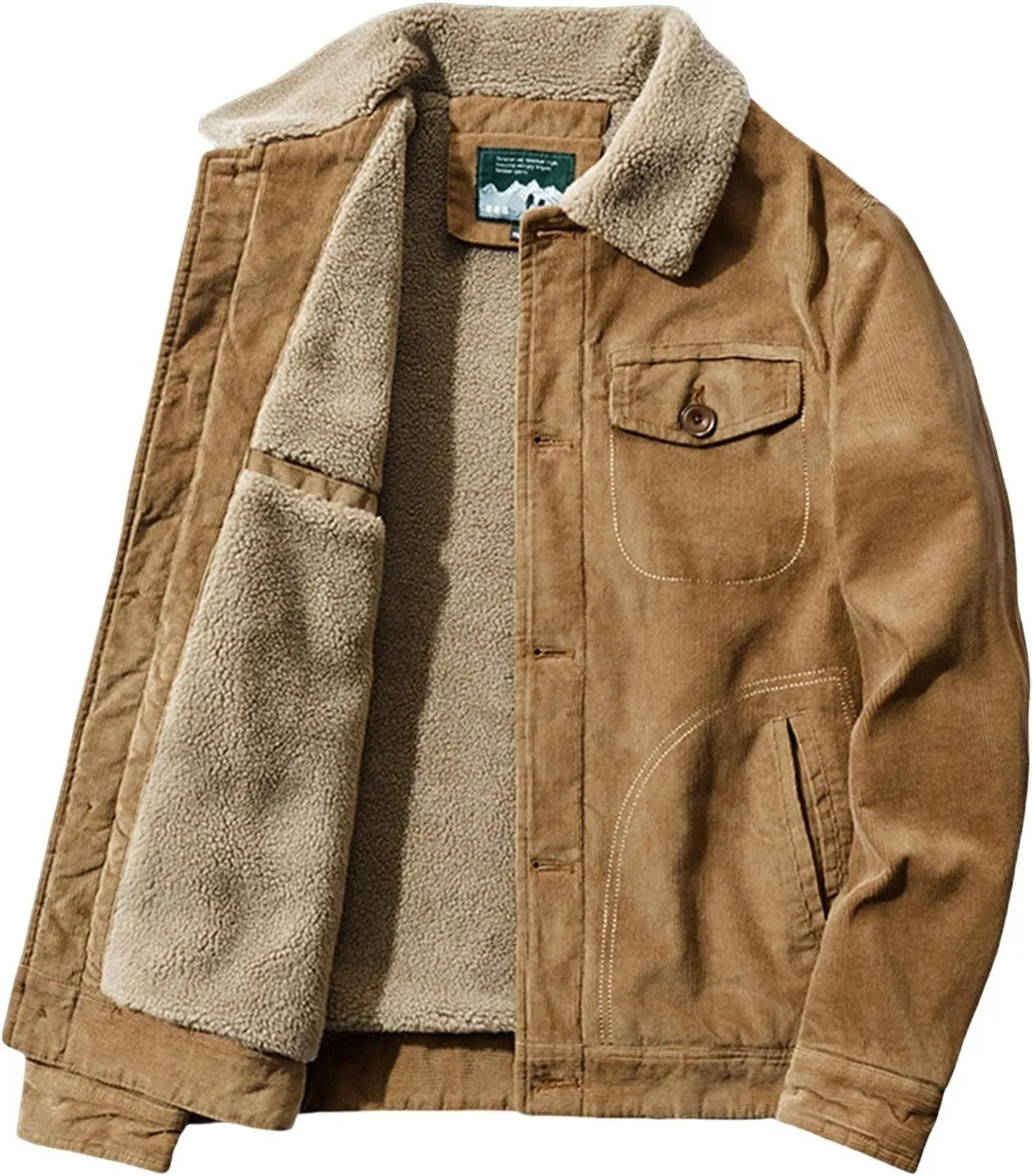 Mens Corduroy Jacket Sherpa Lined Trucker Cotton Lapel Collar Button Down Jackets Warm Winter Casual Work Padded Coat