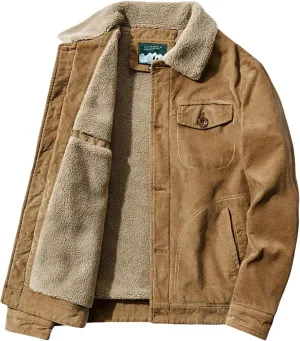 Mens Corduroy Jacket Sherpa Lined Trucker Cotton Lapel Collar Button Down Jackets Warm Winter Casual Work Padded Coat