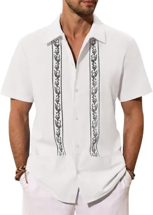 Mens Cuban Guayabera Shirts Cotton Linen Short Sleeve Shirt Casual Hippie Beach Button Down Pocket Shirt