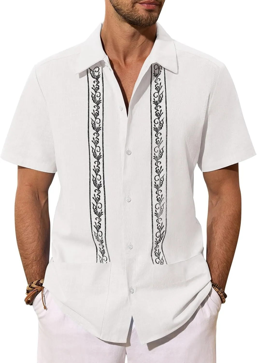 Mens Cuban Guayabera Shirts Cotton Linen Short Sleeve Shirt Casual Hippie Beach Button Down Pocket Shirt