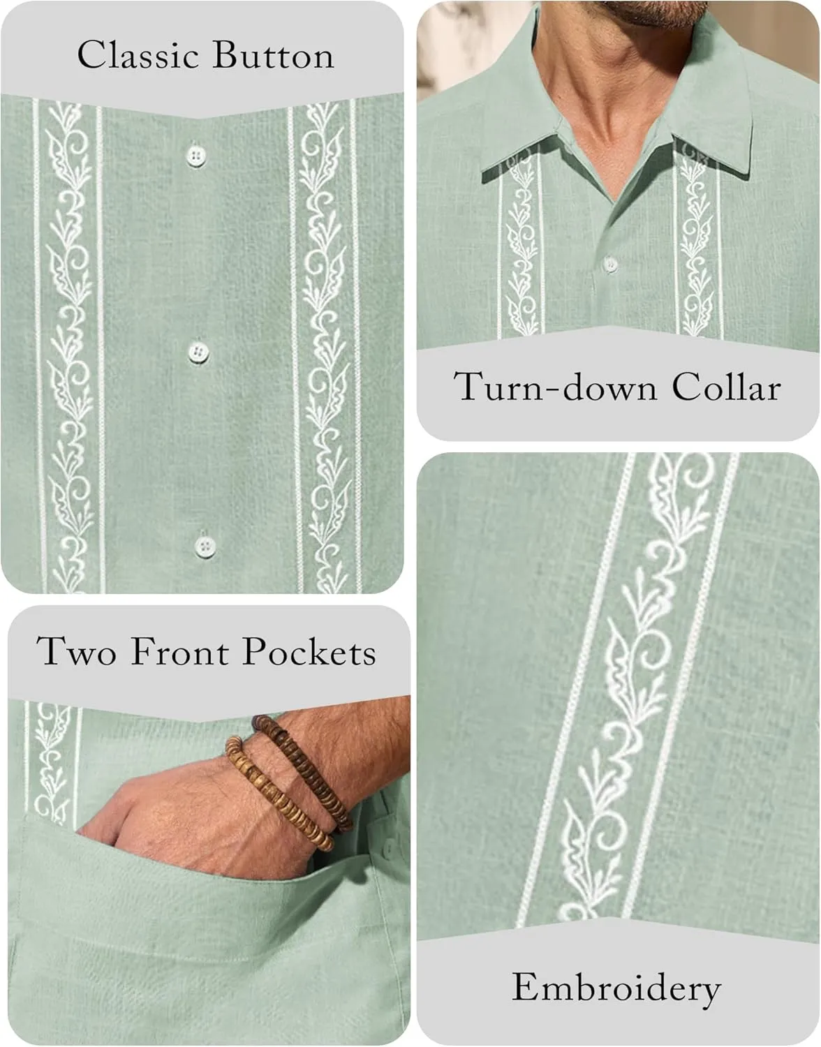 Mens Cuban Guayabera Shirts Cotton Linen Short Sleeve Shirt Casual Hippie Beach Button Down Pocket Shirt