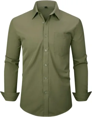 Men's Dress Shirts Long Sleeve Button Down Shirt Business Formal Stretch Shirt Regular Fit with Pockets