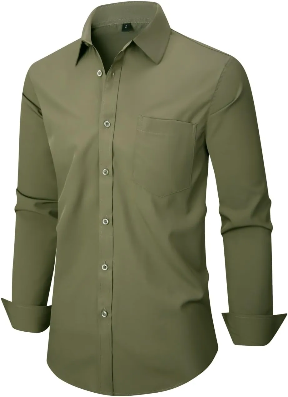 Men's Dress Shirts Long Sleeve Button Down Shirt Business Formal Stretch Shirt Regular Fit with Pockets